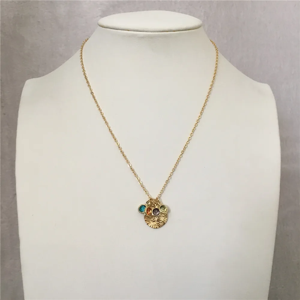 

Trendy four color stone with round textured disc pendant necklace