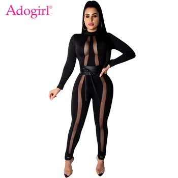 

Adogirl Black Sheer Mesh Patchwork Bandage Jumpsuit with PU Leather Belt Mock Neck Long Sleeve Skinny Romper Club Party Bodysuit