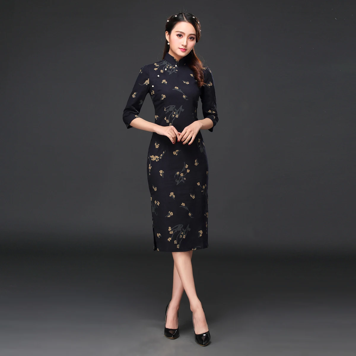 Китайское традиционное платье Ципао с цветочным принтом, женское атласное Ципао с коротким рукавом, длинное платье с цветочным принтом - Цвет: color6