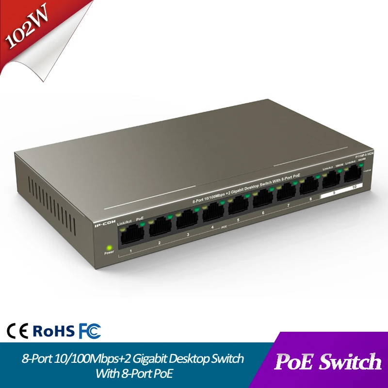 

8 Port 10/100Mbps+2 Gigabit Desktop Switch With 8 Port PoE ethernet switch poe powered switch PoE+ and Dual Gigabit Uplink