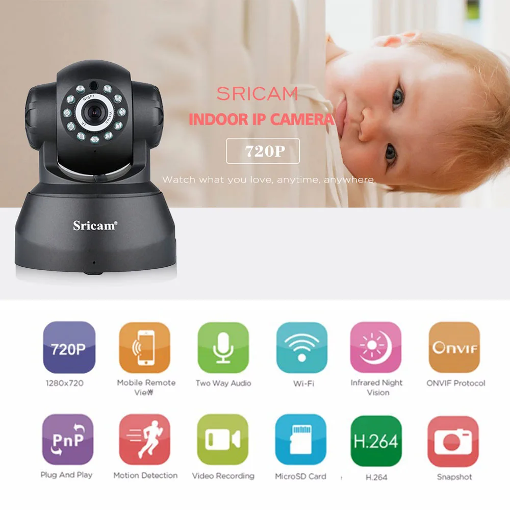 Sricam SP005 Original Wireless IP Camera WiFi 720P HD Mini Infrared Onvif P2P Baby Monitor SP012 Update Alarm Security Cam IRCut camera : image Sricam SP005 Original Wireless IP Camera WiFi 720P HD Mini Infrared Onvif P2P Baby Monitor SP012 Update Alarm Security Cam IRCut camera