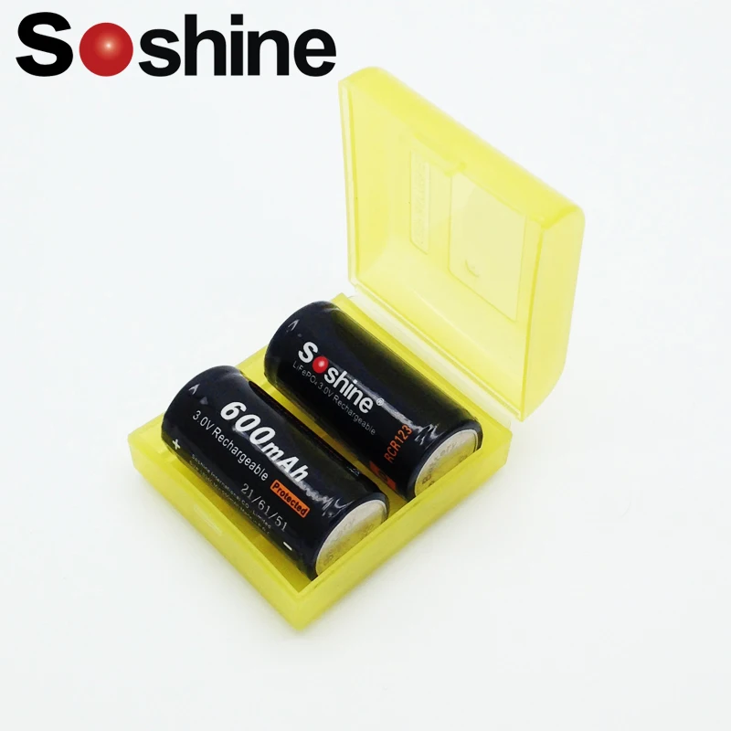 2 шт Soshine 16340 RCR123 LiFePO4 батарея 3V 600mAh перезаряжаемые защищенные батареи с батарейным блоком