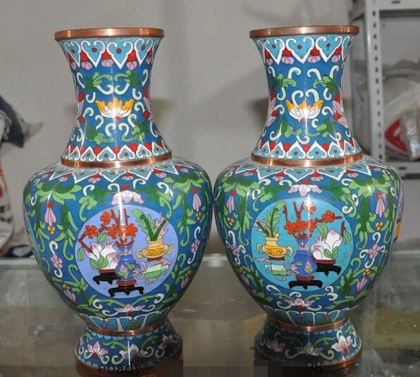 

shitou 002935 12"chinese bronze Cloisonne Enamel beast flower statue Bottle Pot Vase Jar pair discount 30% (C0324)