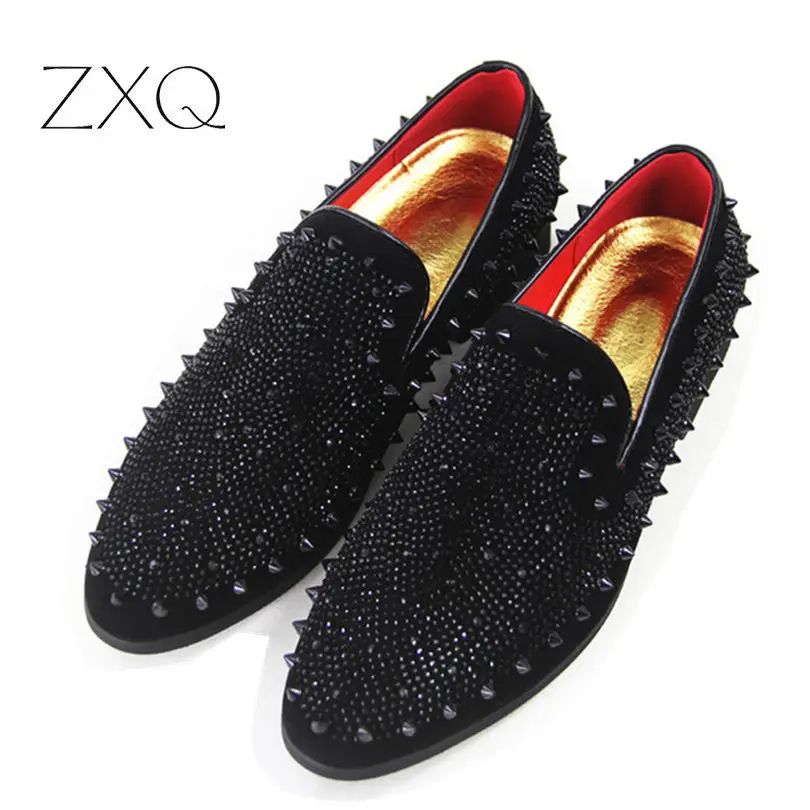 Black Suede Men Party Wedding Ventilation Casual Studded Shoes Sapato Masculino Metal Toe Men'S Flat Loafers Smoking Shoes