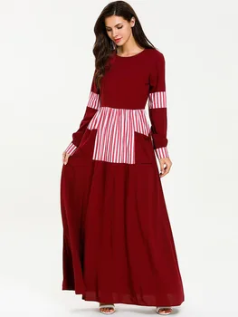 

Muslim Abaya Dress Patchwork Striped Long Dress with Belt Turkish Arab Full Length Caftan Middle East Women Dress Fashion 7628