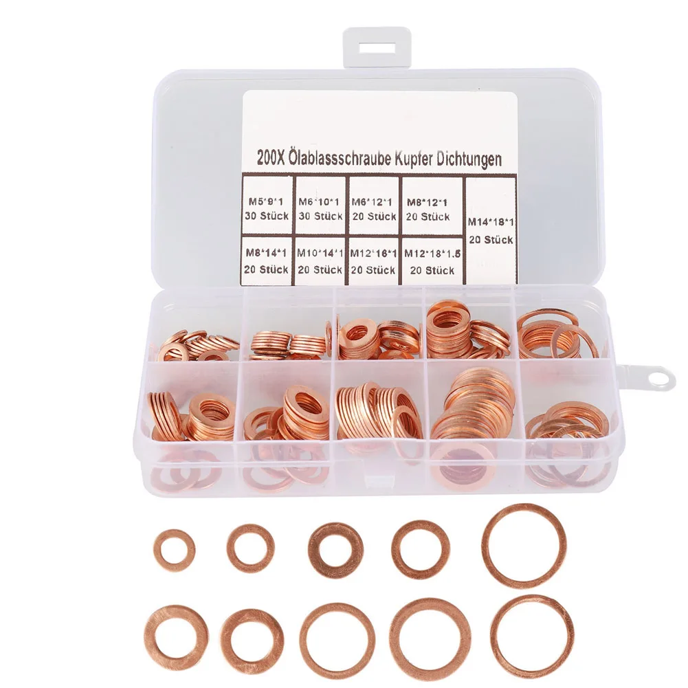

Newly 200pcs Seal Ring Assortment Set Copper Seals Oil Copper Rings Washers Box XSD88