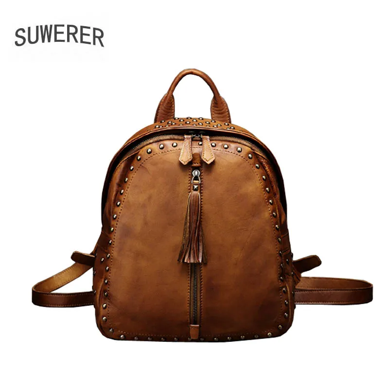 

SUWERER high quality fashion luxury brand retro backpack female leather 2019 new personality tassel rivet handmade leather bag