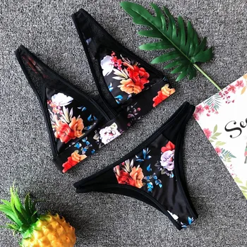 

Floral Printed Swimwear Female Mesh Bikinis Push Up Bather Suit 2019 Women Bandeau Swimsuit Biquinis maillot de bain femme