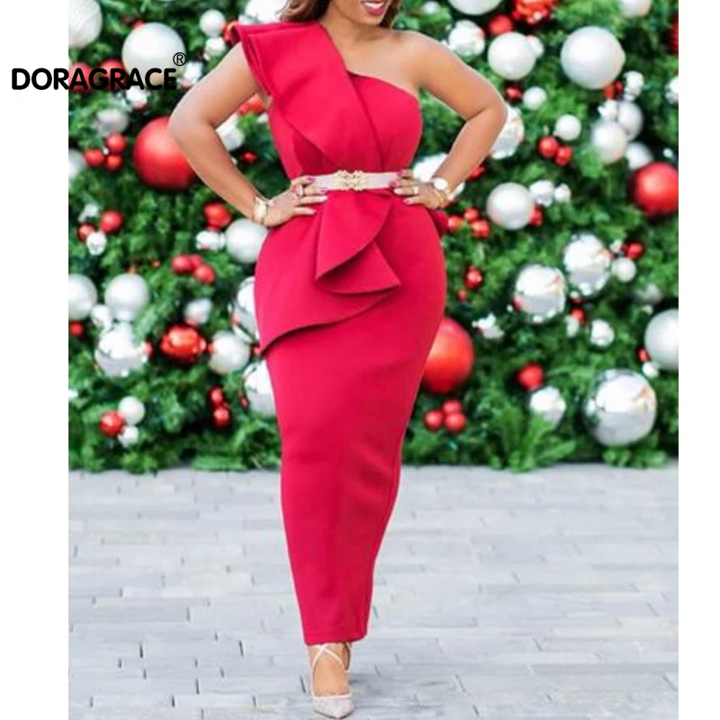 

Doragrace New Fashion Ruffles Design One Shoulder Ankle-Length Satin Red Women Mermaid Cocktail Party Dresses Prom Gowns