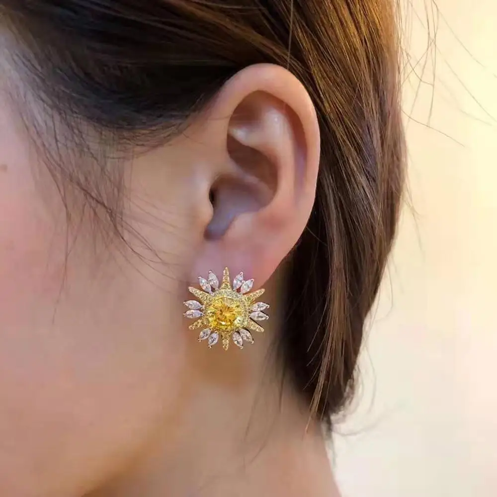 

Stud Earrings 925 Sterling Crystal Sunflower Luxury Silver Earrings For Women Earings Fashion Jewelry