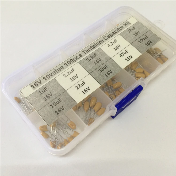 

10values 100pcs 16V 1uF 2.2uF 3.3uF 4.7uF 10uF 15uF 22uF 33uF 47uF 100uF tantalum capacitor assorted kit with free storage box
