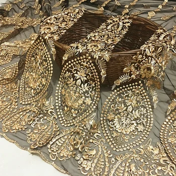 

New mesh lace gold embroidery fabric High-end custom apparel fabric embroidery skirt cloth fabric