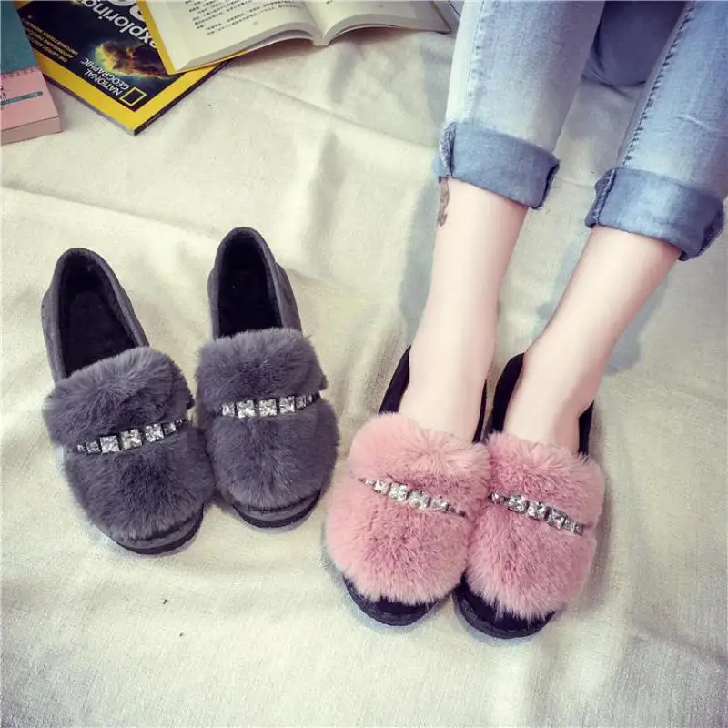 

Pink Grey Ladies Loafers Autumn Winter Fur Casual Shoes Women Round Toe Rhinestones Flats Slip On Leather Plush Zapatos Mujer