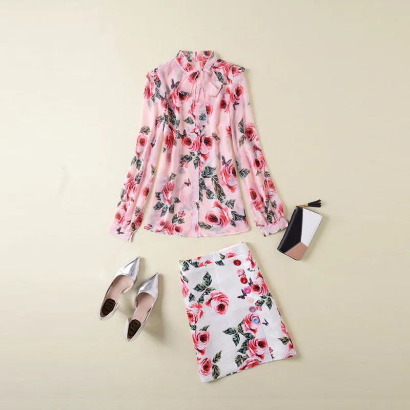 Hemd Runway Designer Anzug Mode Elegante Rock Bluse Set Langarm Kleidung Druck Sommer Jacquard 2018 Frauen j54AqR3L