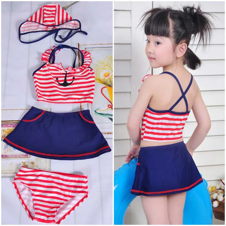 3 Pieces suit!2016 Cute navy stripe Sailor Child Bikini swimsuit bathing suit for kids baby