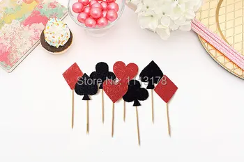 

glitter Alice in Wonderland or Casino themed cupcake toppers - Birthday, Birthday Cupcake Topper, wedding party cake topper