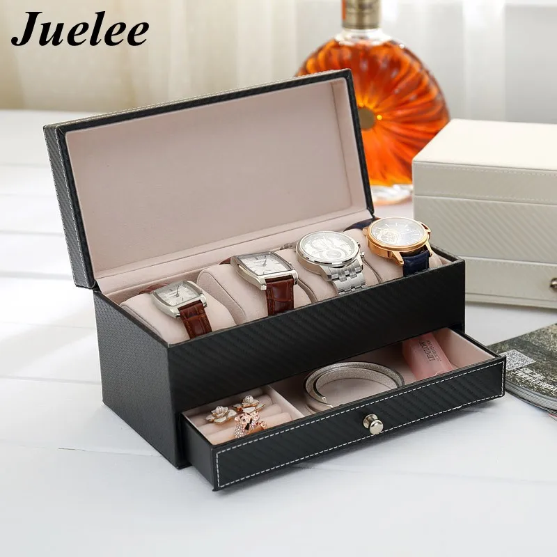 

Juelee 4 Grids Luxury Leather Jewelry Box Makeup Casket Watch Drawer Storage Box Business Storage Container
