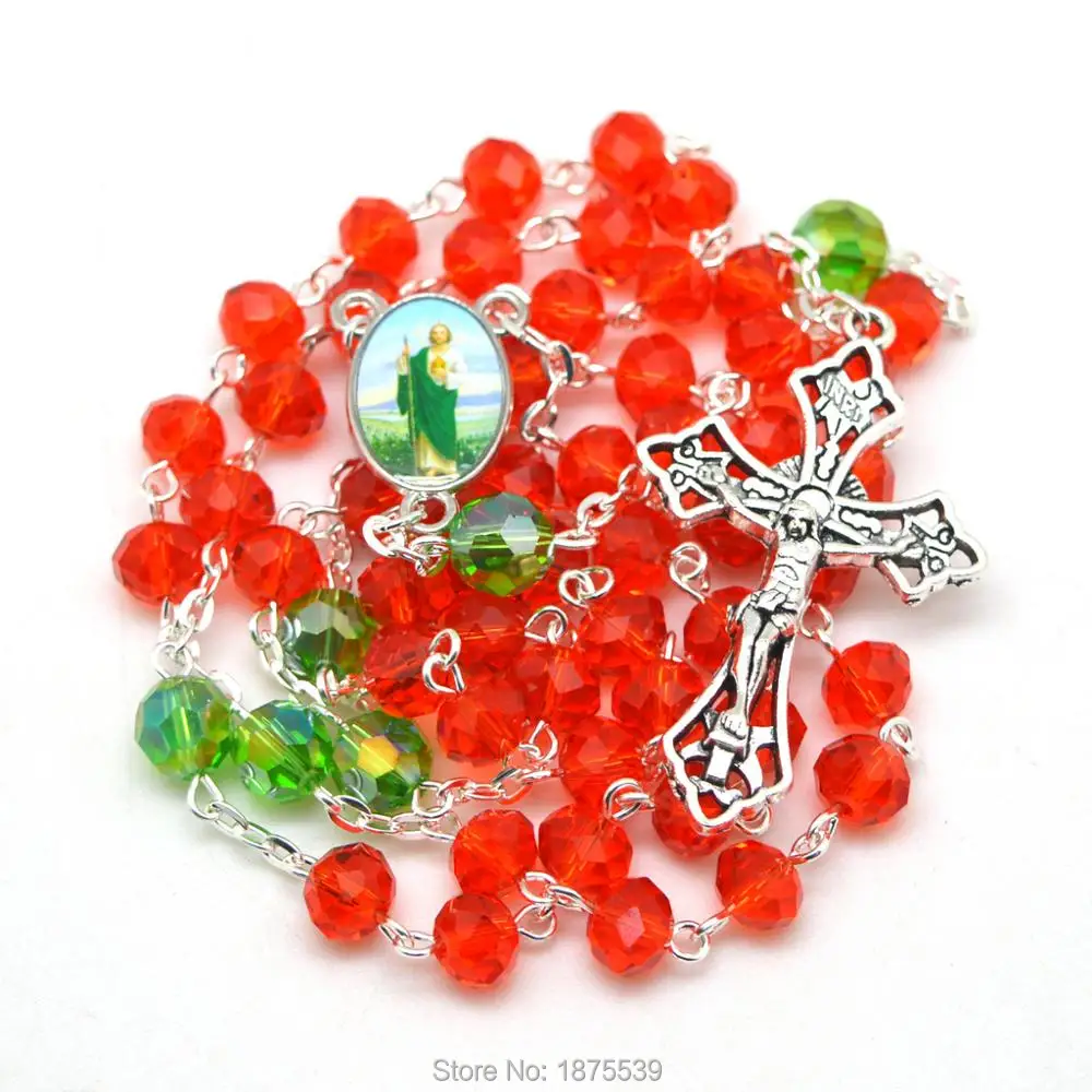 

Catholic Saint Jude Rosary Necklace Green Faceted Father Bead Red Flat Crystal Bead