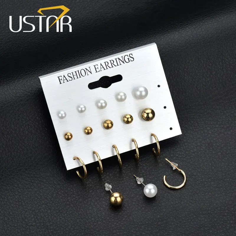 

USTAR Elegant Simple metal Ball Earrings set for Women Simulated Pearl 2018 Fashion Jewelry Earrings female party gift Brincos