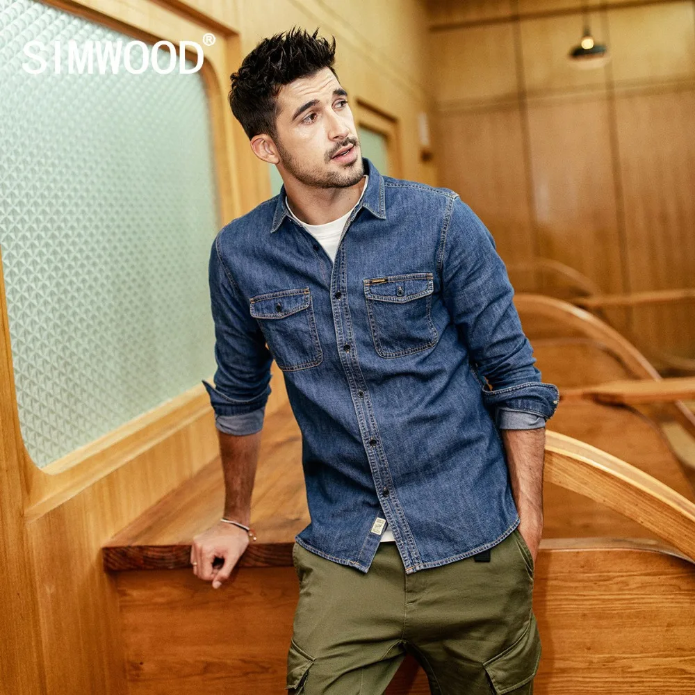 

SIMWOOD 2019 Casual Shirts Men Fashion Brand 100% Cotton Long Sleeve Casual Men Shirts Denim Shirt chemise homme 190076