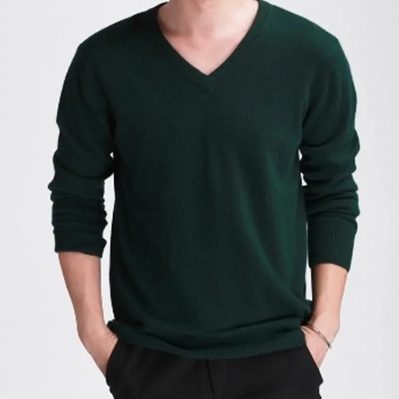 Мужские кашемировые шерстяные свитеры JECH Весна Зима v-образный вырез длинный рукав приталенные пуловеры высокое качество трикотаж плюс размер s-xxxl - Цвет: Blackish Green