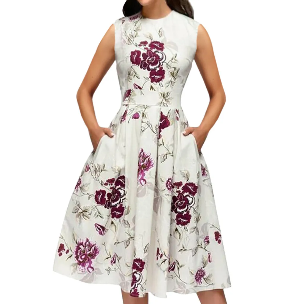 Женское модное винтажное плиссированное платье с бабочками и цветочным рисунком, летнее платье без рукавов на молнии с поясом, ретро вечерние платья#3