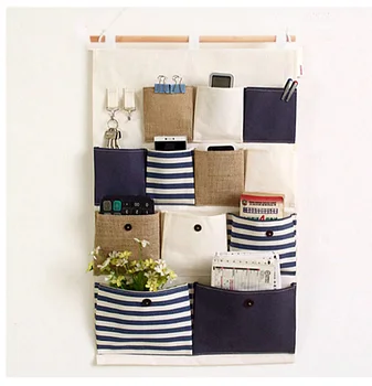 

13 Pocket Wall Hanging Organizer Bag Striped Linen Multi-Layer Holder Practical Storage Bag Rack Makeup Storage Box Basket