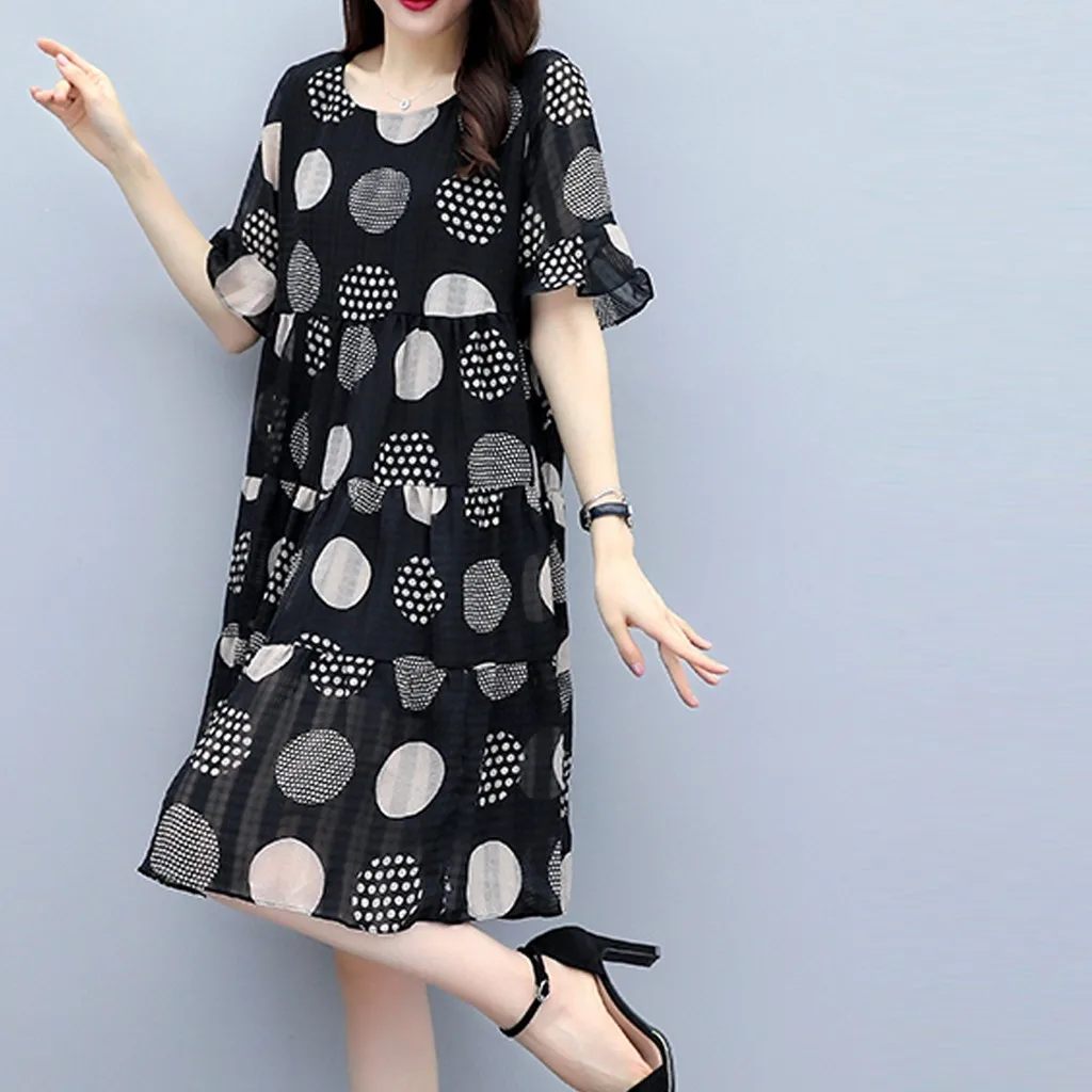 

Summer Dress Boho Style Plus Size Women Fashion Summer Point Printing Short Sleeve Loose Knee Length Dress