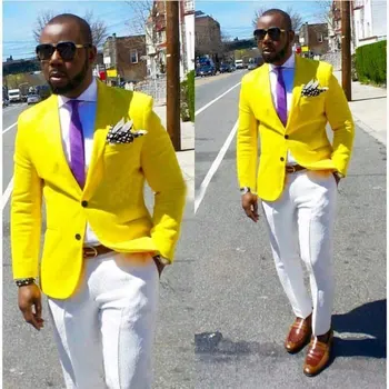 

New Arrival Men's suits high quality grade lapel tuxedos wedding best man suit custom yellow jacket and white trousers