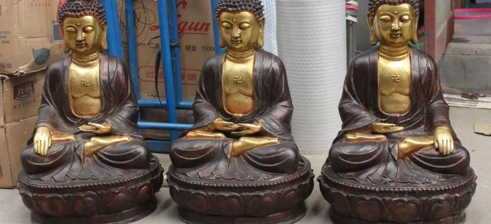

22" Tibet Purple Bronze Gilt Shakyamuni Sakyamuni Buddha Seat Lotus Statue Set