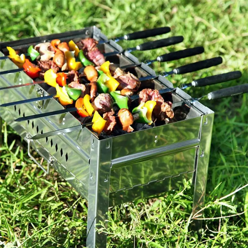 21.5" 55cm Wooden BBQ Skewer Stainless Steel Shish Kebab Skewers Flat Wood Handle Barbecue Forks Meat Fish Grill BBQ Accessories