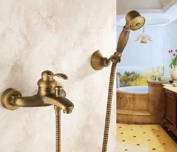 

Antique Brass Wall Mounted Bathtub Faucet Mixer W/ Handheld Shower Spray