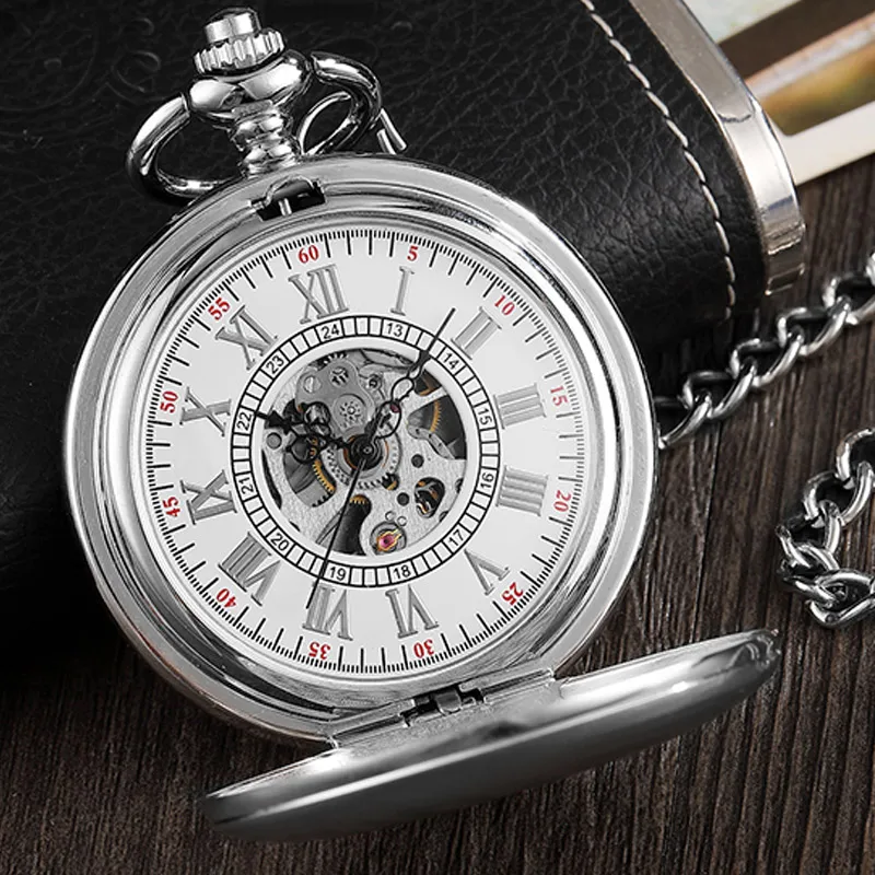 Vintage Smooth Silver Roman Numerals Men Mechanical Pocket Watch With Chain Skeleton Luxury