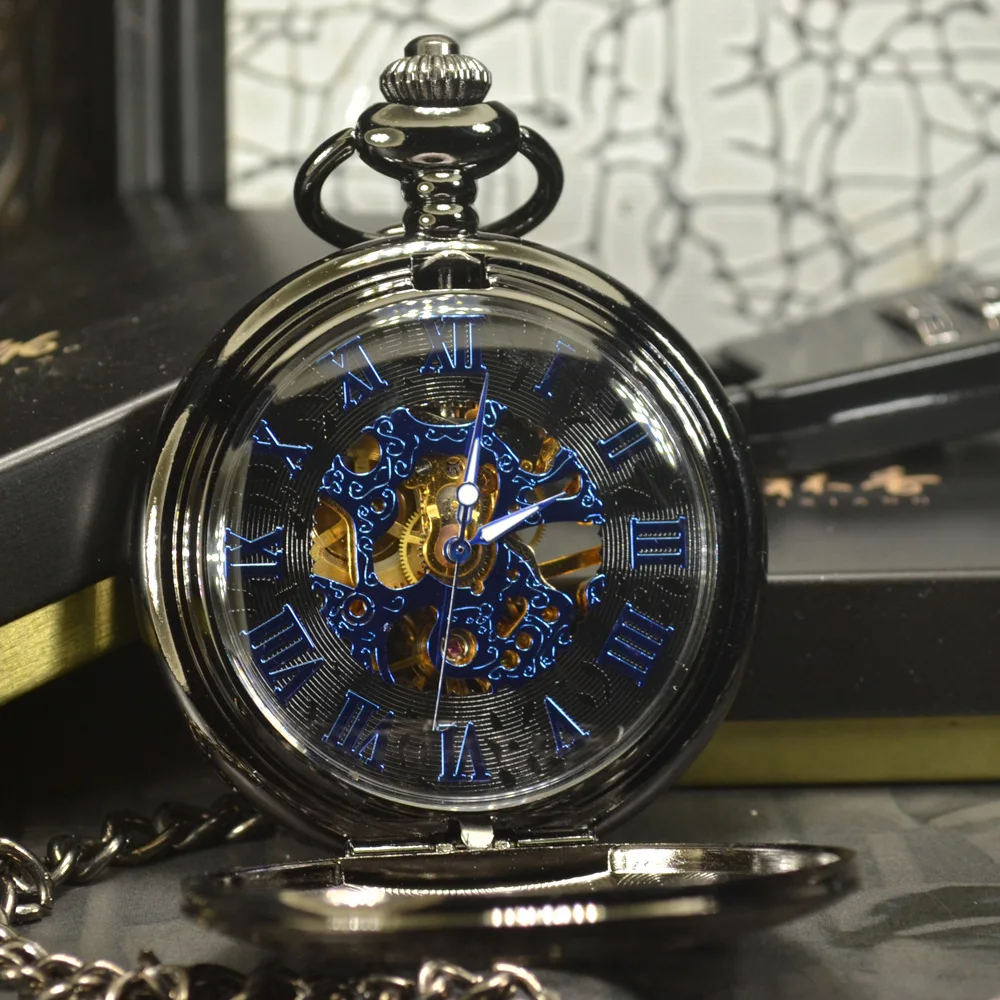 TIEDAN Blue Steampunk Skeleton Mechanical Pocket Watch Men ...