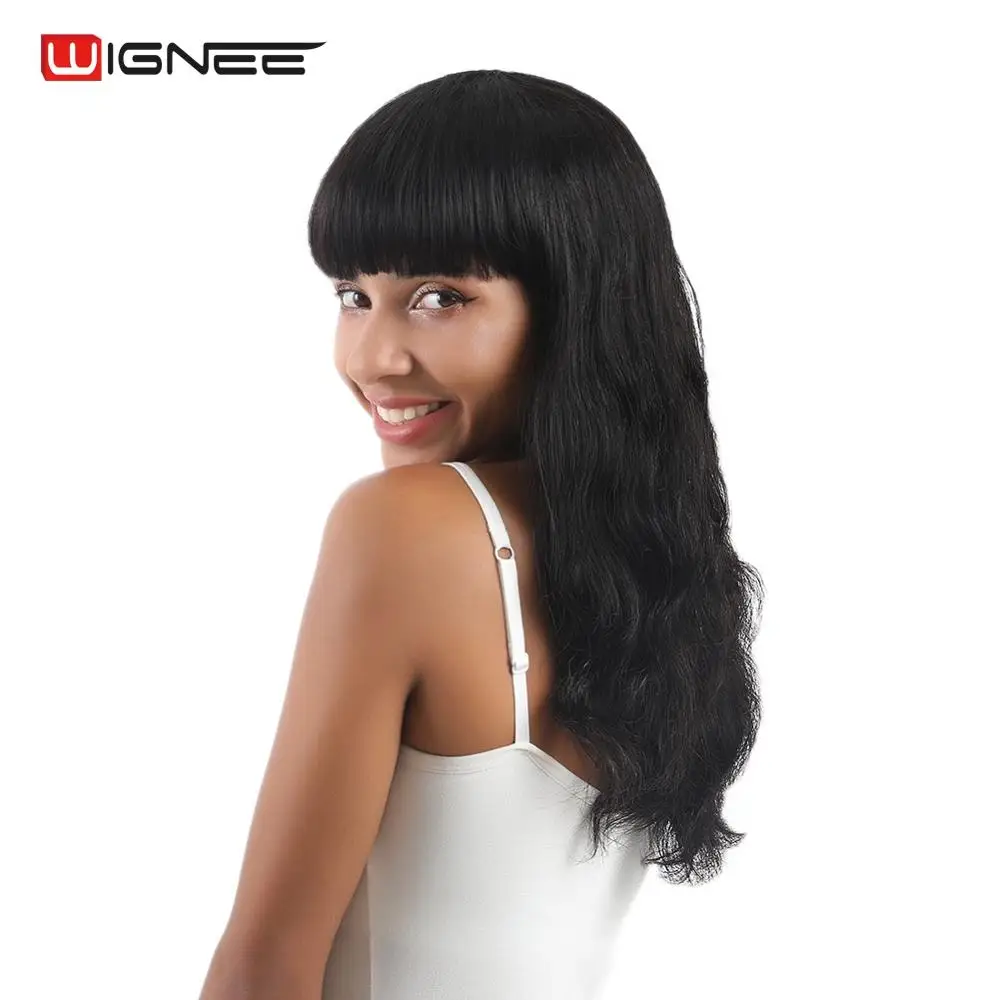 Wignee бразильские волосы remy длинные человеческие волосы парики с бесплатной челкой для женщин 150% густой бесклеевой волос глубокая волна