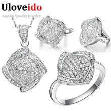 Uloveido conjunto joyería de la boda collar aretes y anillo de cristal de plata de ley 925 sistemas de la joyería nupcial joyería 49% de descuento t051