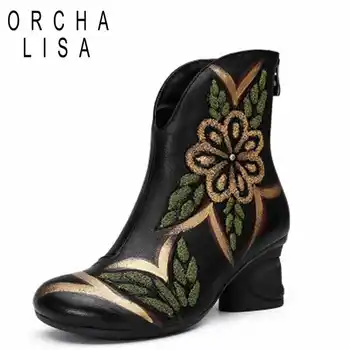 

ORCHA LISA Autumn genuine leather floral Shoes top quality zipper retro ankle boots Women footwear botas feminino J481