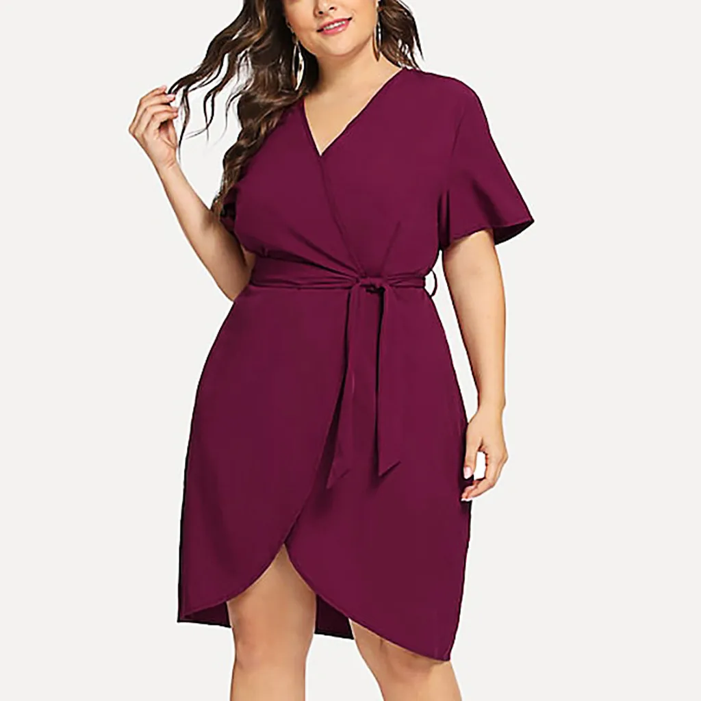 

Womail Women's Sexy Dresses Blue Summer Straight Plus Size Dresses Short Sleeve Casual V-Neck Belt Solid Dress Dropship Apr29