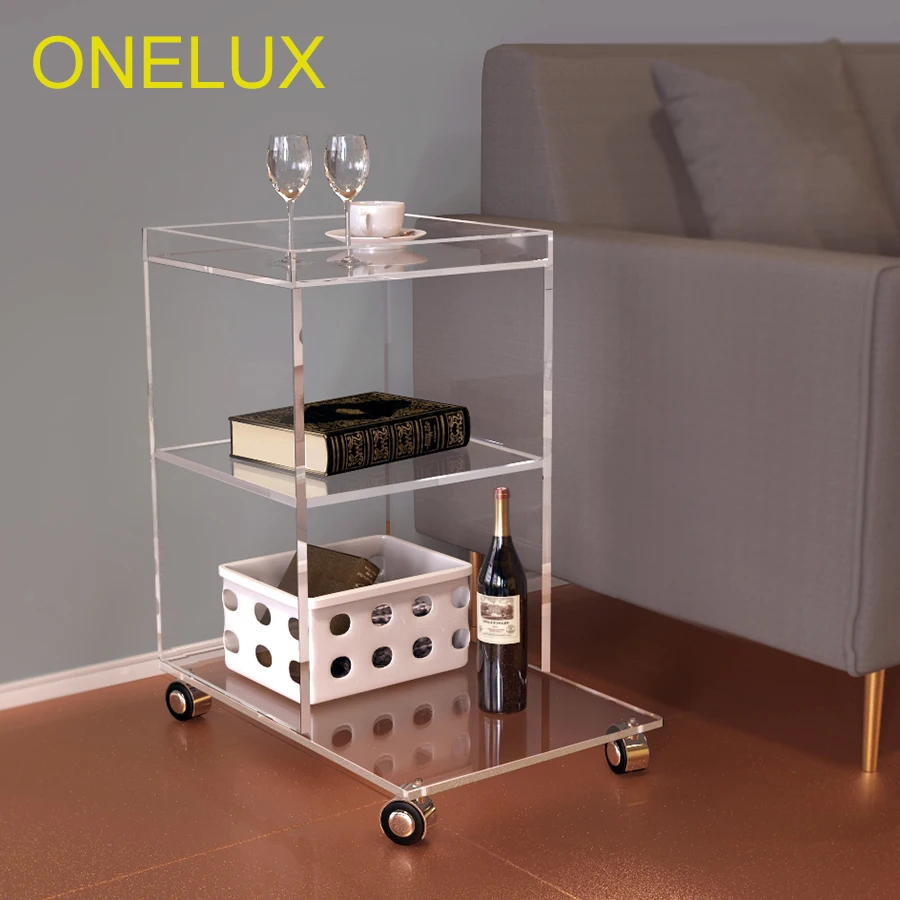 ONELUX شفافة الاكريليك الجانب أريكة الجدول ، مجلة عرضية الشاي الجداول على عجلات-50 w 35d 57 h cm