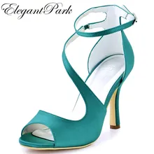 Frau High Heel Riemchen Sandalen Teal Lila Peep Toe Brautjungfer Satin Prom Strappy Pumps Braut Hochzeit Brautschuhe HP1565