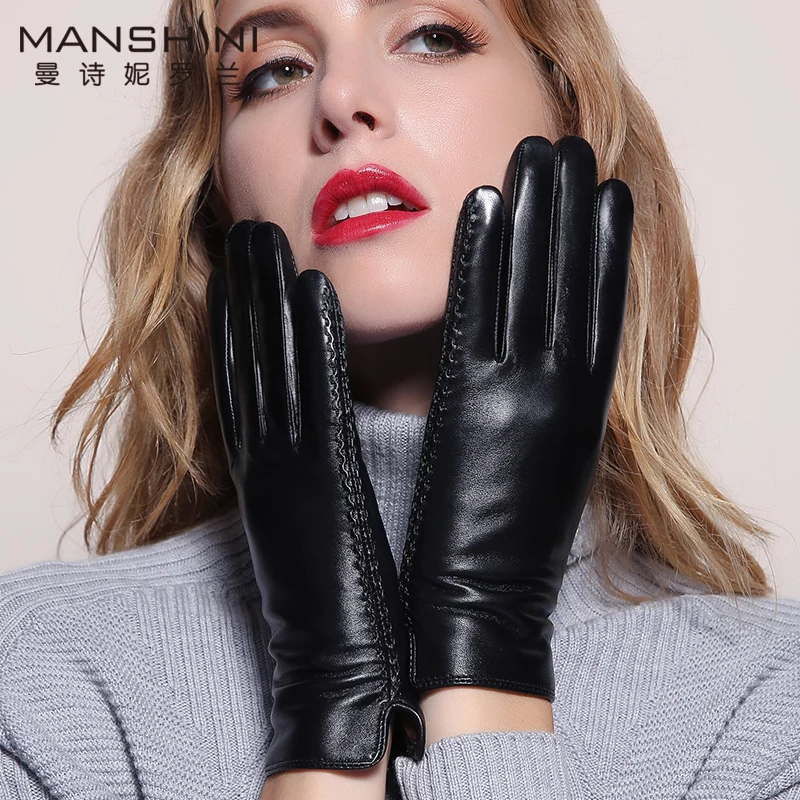 Leather gloves female winter thick plus cashmere short gloves autumn ...