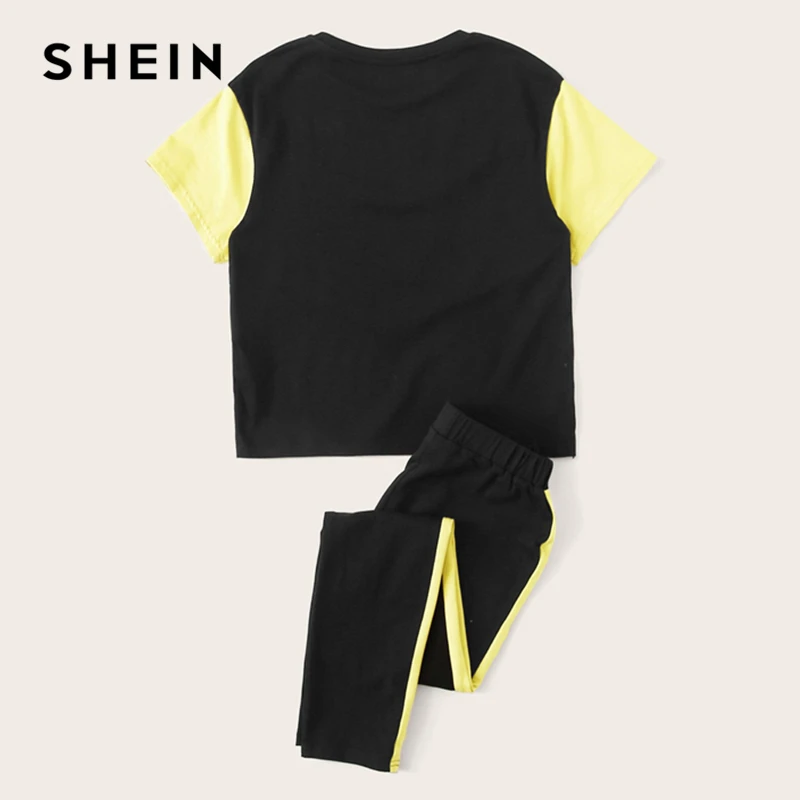 SHEIN/Детская футболка с цветными блоками для девочек и штаны с завязками на талии; комплект для детей; коллекция года; летняя одежда для активного отдыха; костюм с короткими рукавами; комплекты