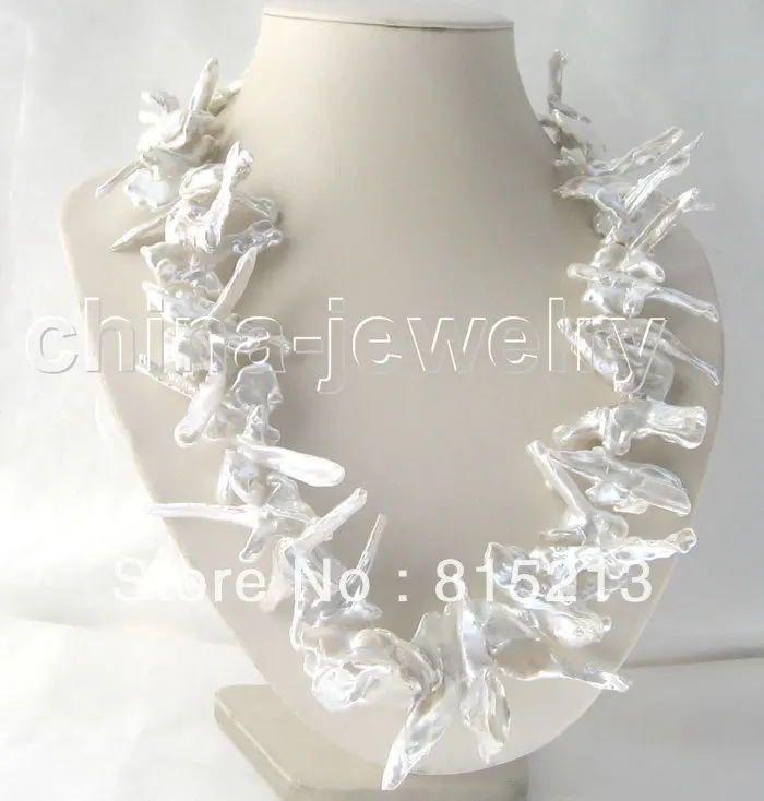 

FREE SHIPPING>>>@@ > N626 Beautiful white baroque keshi reborn freshwater pearl necklace-silver