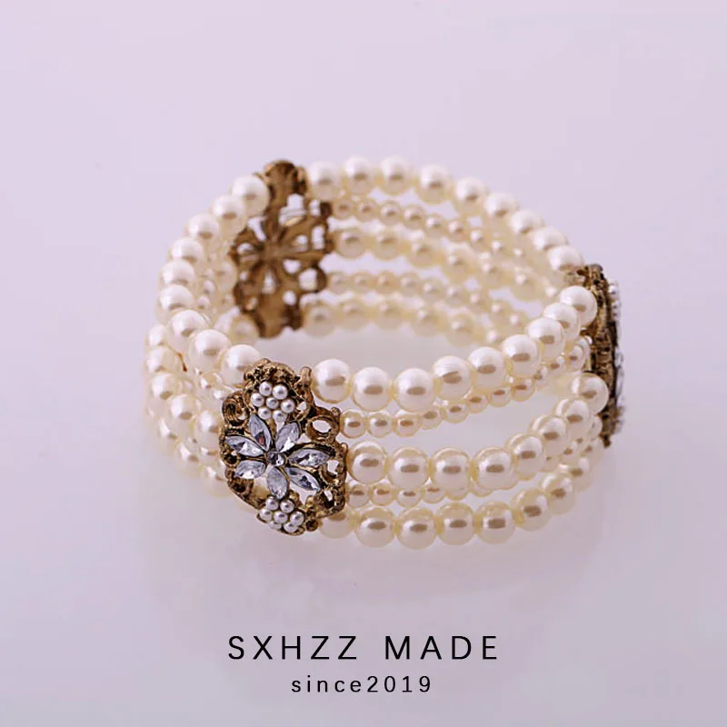 

SXHZZ Elasticity Bracelet Simulated Pearl Multi-layer Beaded Charm Wide Cuff Bracelets Bangles For Women 2019 Jewelry