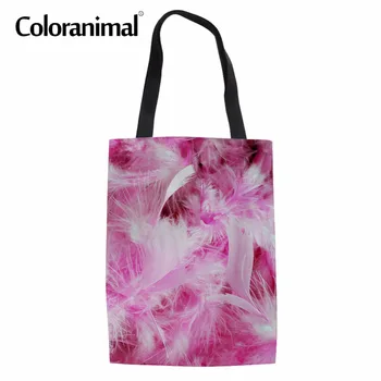 

Coloranimal Women Casual Shoulder Handbags Bags Pink Canvas Linen Tote Bags 3D Feather Print Woman Softback Shopping Handbags