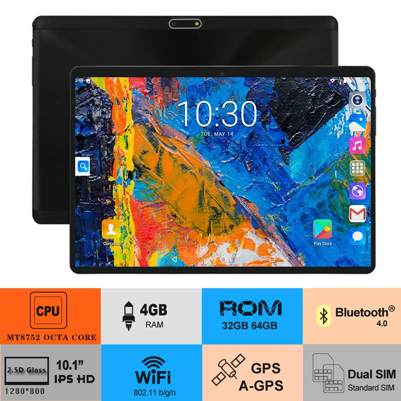 10 inch Octa Core tablet Android 8.0 4GB RAM 64GB ROM 1280X800 2.5D IPS Screen Dual SIM Cards 3G 4G FDD LTE GPS Pad 10