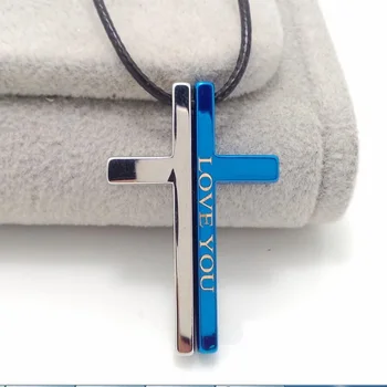 

6pcs Lovers Fashion Titanium Steel Love You Bible Cross Pendant Necklace Jewerly with Leather Rope Chain
