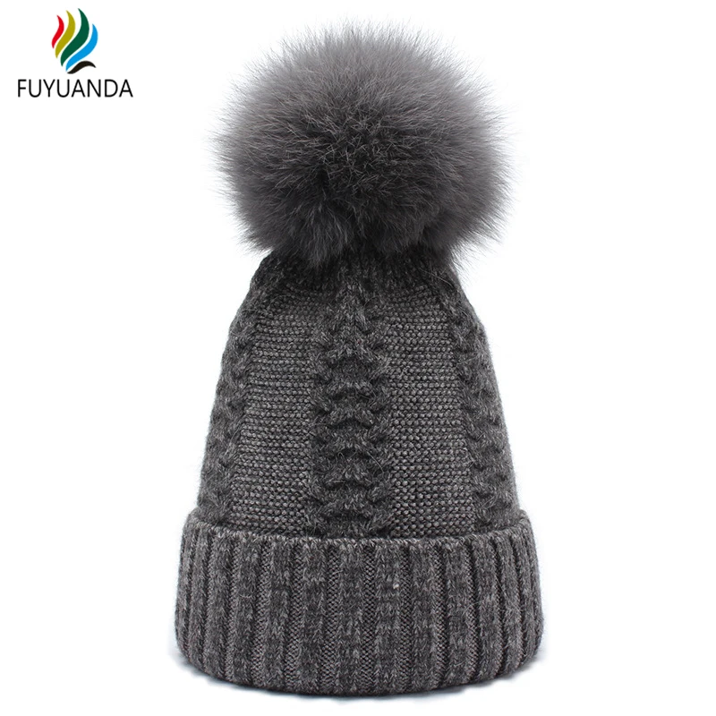 

Real Fox Fur Pom Pom Ball Beanies Hats For Women 2017 Winter Wool Keep Warm Skullies Female Thick Black Real Fur Caps Bonnet