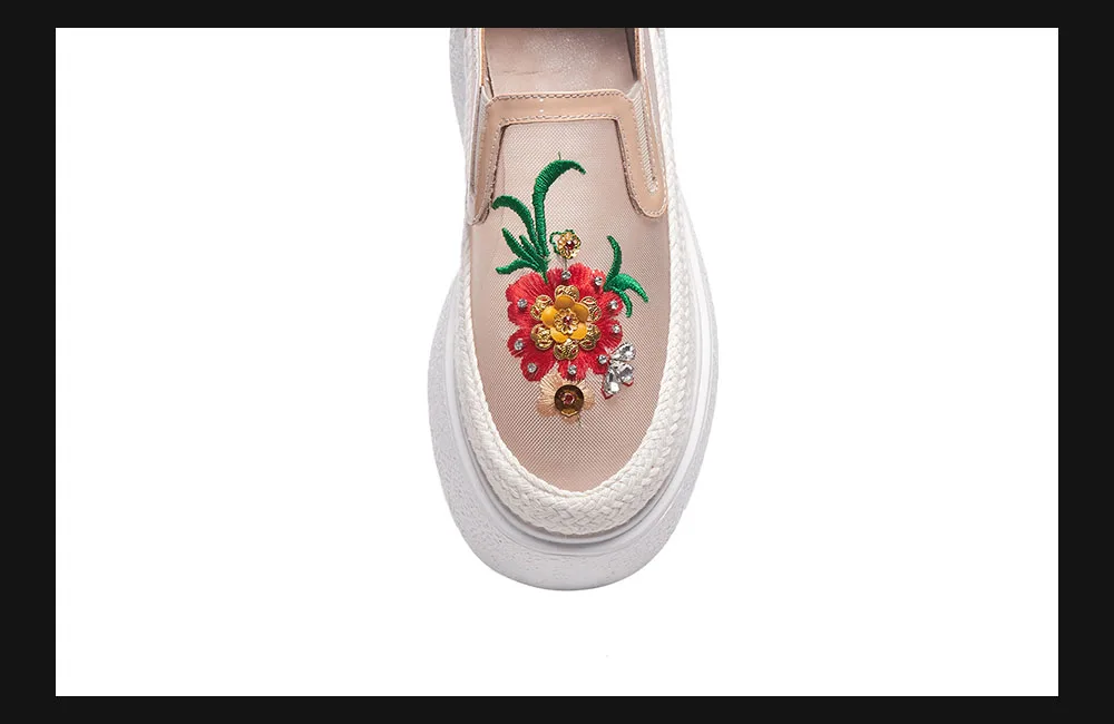 Лоферы на плоской платформе для женщин; Роскошная обувь ручной работы с вышивкой; женские летние лоферы из сетчатого материала с цветочным принтом на платформе