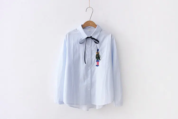 2019 Autumn Striped Tops Ladies Cute Soldier Embroidery Shirts Blouses Women Casual Bow Long Sleeve Blusas Mujer Chemise Femme (7)